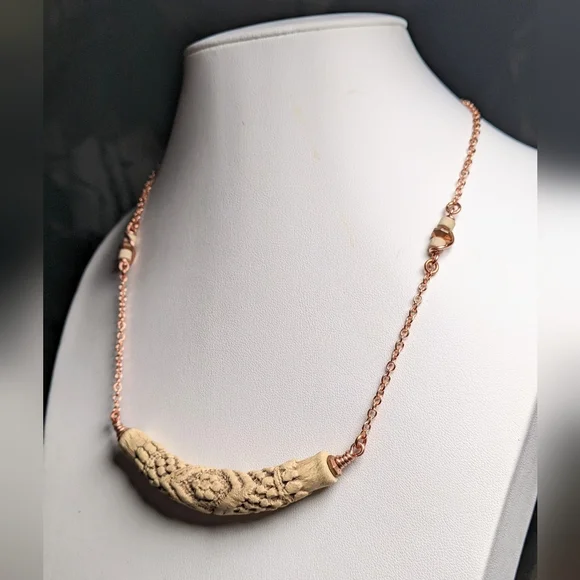 Vintage Embossed Ceramic Bar Necklace Artisan Crafted Jewelry Pure Copper Chain - Picture 3 of 16